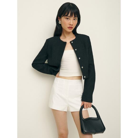 Reformation Trista Jacket - S Black Button Front Cropped Tweed - Picture 2 of 6